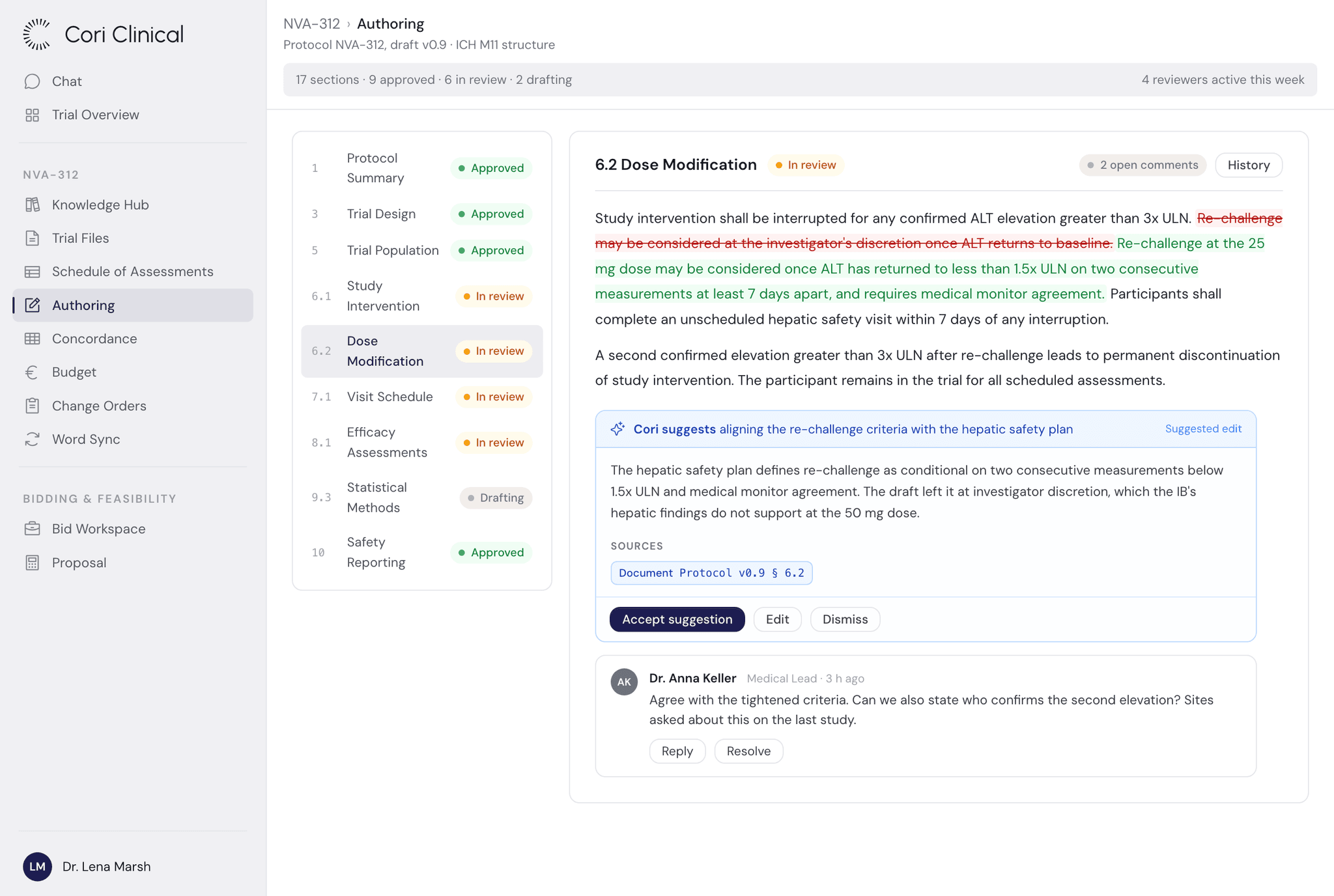 A protocol section being authored in Cori, with a tracked edit, a suggestion showing the protocol paragraph it was drawn from, and a reviewer's comment against the same passage.